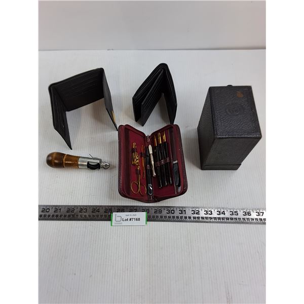 Vintage Box Camera, Awl, Wallets, Amenity Travel Kit