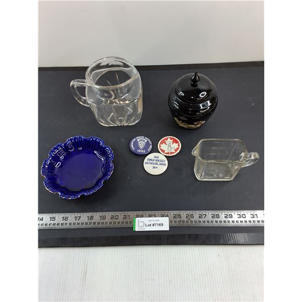 Glass Pitcher, Trinket Dishes, Measure Cup, Shirt Pins