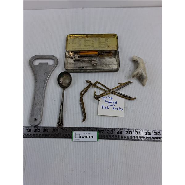 Vintage Lot (Geometry Set, Fish Hooks, Large Bottle Opener, Misc.)