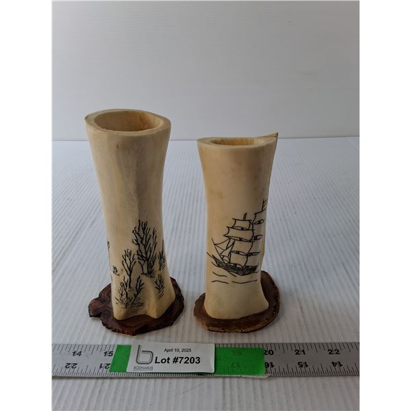 (2) Bone Carved Vases 7" Tall