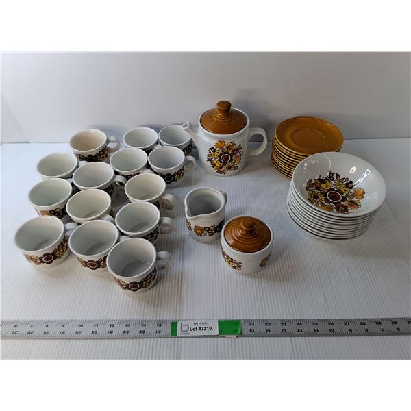 Ironstone Dish Set- (12) Bread Plates, (11) Bowls, (14) Cups, Kettle, Creamer, Sugar Bowl