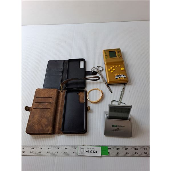 SCSA Desk Clock, Handheld Brick Game, (2) Phone Cases, Misc.