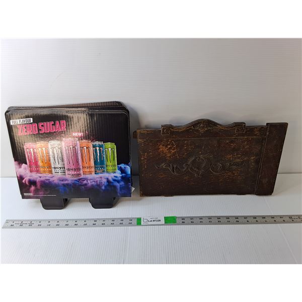 Antique Wood Carved Drawer Front 16.5" Long x 10.25" Tall, (14) Monster Energy Cutouts