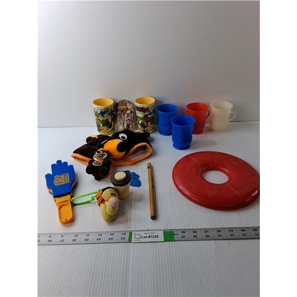 (6) Kool-Aid & Smurf Plastic Cups, Lifesaver Frisbee, A&W Bear Hat, Misc.