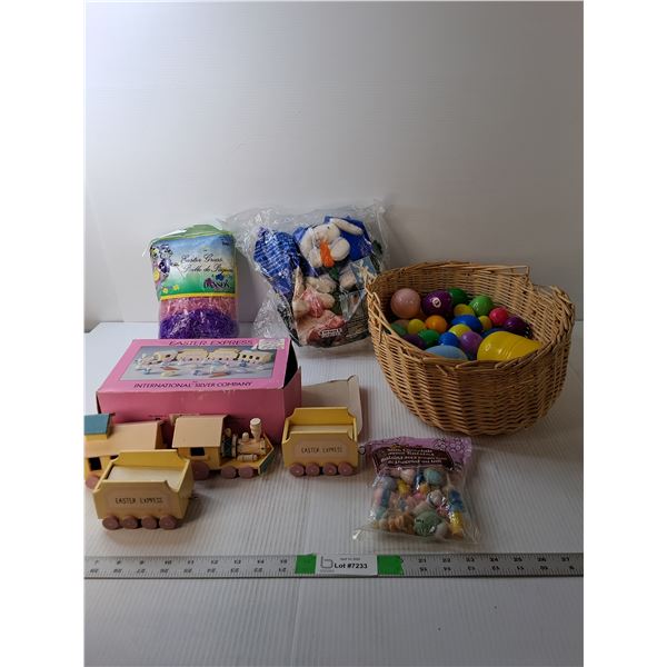 Easter Lot- Wooden Train, Stuffed Bunny, Plastic Eggs, Misc.
