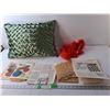 Image 1 : Transfer Prints & Designs, Green Throw PIllow 19" Long x 14" Tall & Feather Accessory