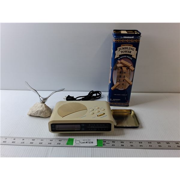 Vintage Alarm Clock-Powers On, Jumbling Tower Game, Seagull & Rock FIgurine