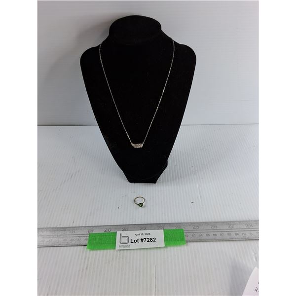 ^Women's Silver 925 Necklace with wing Pendant, Vintage Jade Ring, As Is