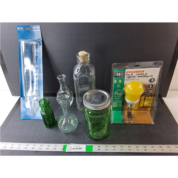 (5) Glass Vials/Jars Up to 10.5" Tall, Bug Light, Rain Gauge