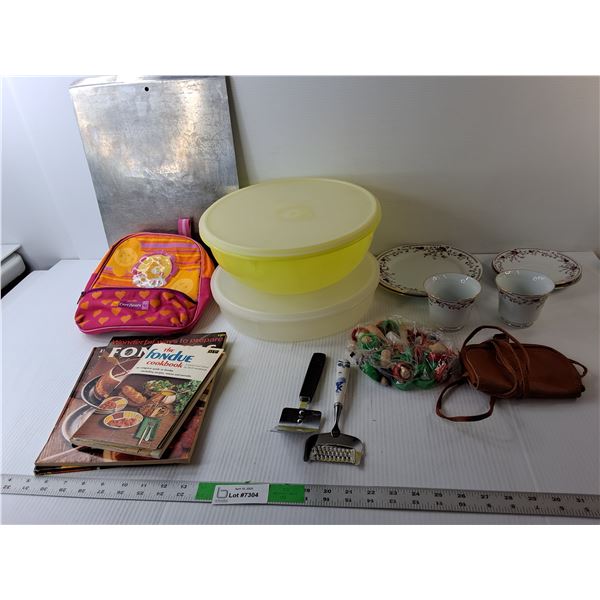 (2) Tupperware Container, (3) Fondue Books, Tea Dish Set, Misc.