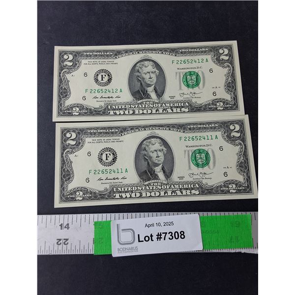 (2) American Two Dollar Bills-2013, Uncirculated in Sequence
