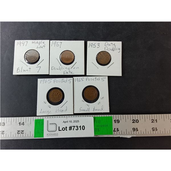 (5) Canadian Pennies, 1947-67, Hard to Find Variances