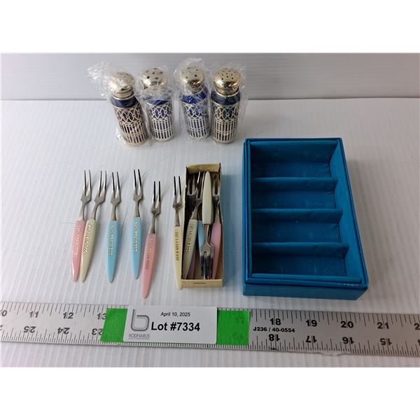 (4) Salt & Pepper Shakers, (12) Mini San Francisco Forks