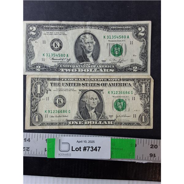Unite States One Dollar Bill- 2003 & Two Dollar Bill- 1976
