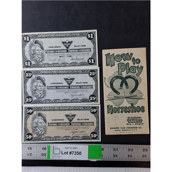 (3) Vintage Canadian Tire Bills & Horseshoe Game Brochure