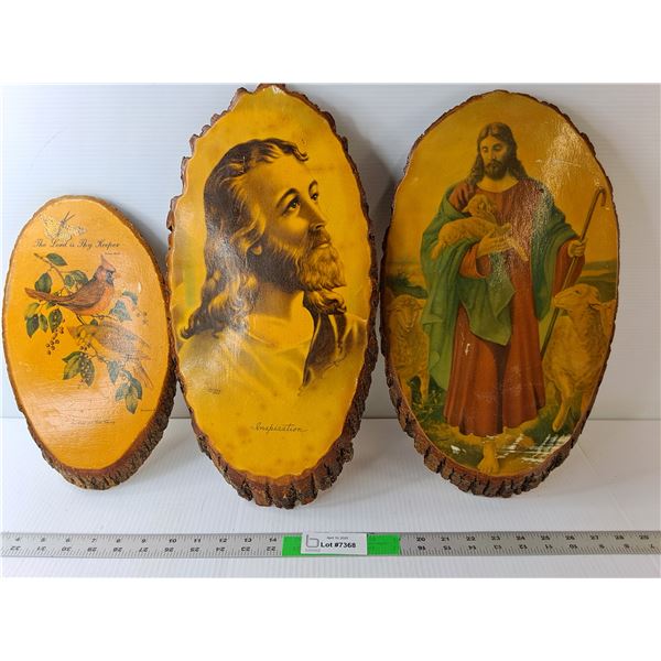 (3) Vintage Paintings on Wood Up to 17.5" Tall x 9.5" Wide- Head of Christ, Good Shepherd, Other