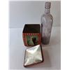 Image 2 : Vintage Lot- Glass Bottle 11" Tall, Queen Elizabeth Tin, Toiletry Bag