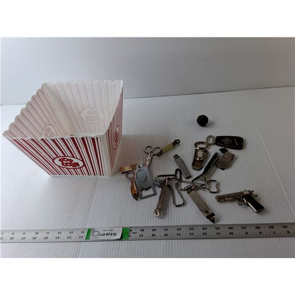 Bottle Openers, Plastic Popcorn Tub, Misc.