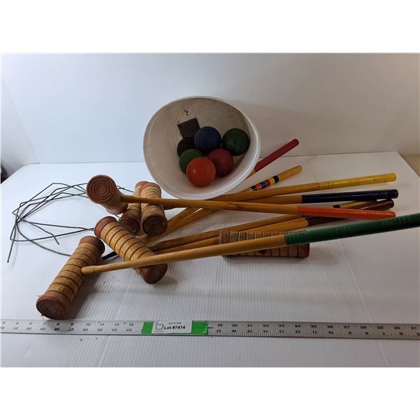 *Croquet Set- (5) Stakes, (6) Mallets, (7) Balls, Misc.