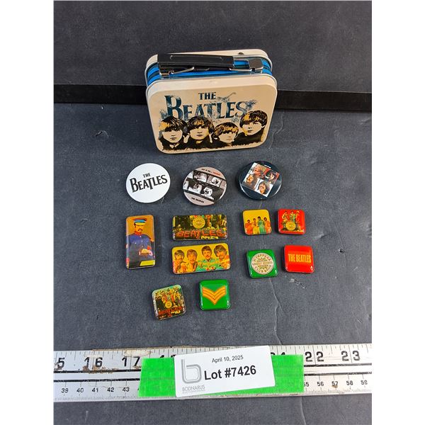Lot of the Beatles Fridge Magnet, Pin Backs and Tin Case