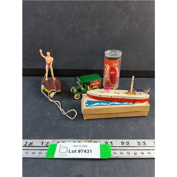 Lot of Antique and Vintage Toys - Wooden Battleship, Surfer from 1950s Wind Up Boat and Lledo