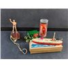 Image 2 : Lot of Antique and Vintage Toys - Wooden Battleship, Surfer from 1950s Wind Up Boat and Lledo