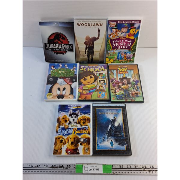 (8) DVD and Blu Ray Movies - Jurassic Park, Woodlawn and Toy Story 3