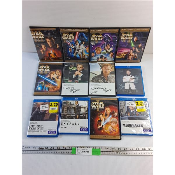 (12) DVD and Blu Ray Movies - Agent 007 and  Star Wars