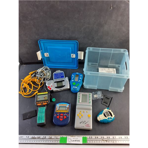 Tetris & Hangman Games, Sport Fishing Tool, Various Cords and Plastic Container -  As Is