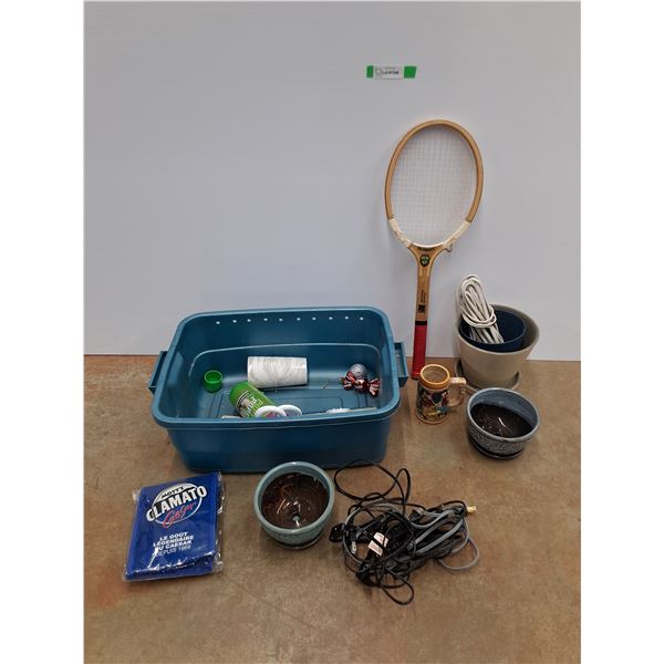 Badminton Racket, Planters, Beerstein, Cords, Plastic Tote and Misc