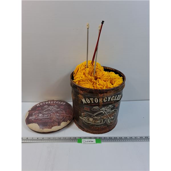Motorcycle Storage Bin & Full of Yellow Soft Yarn & (2) Sets Knitting Needles