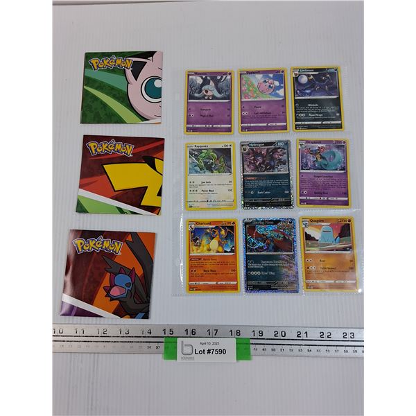 (9) Pokemon Trading Cards in Sleeve (Some Holographic) & (3) Posters - CANNOT AUTHENTICATE