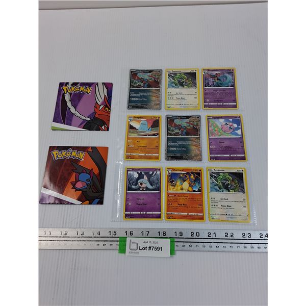 (9) Pokemon Trading Cards in Sleeve (Some Holographic) & (2) Posters - CANNOT AUTHENTICATE
