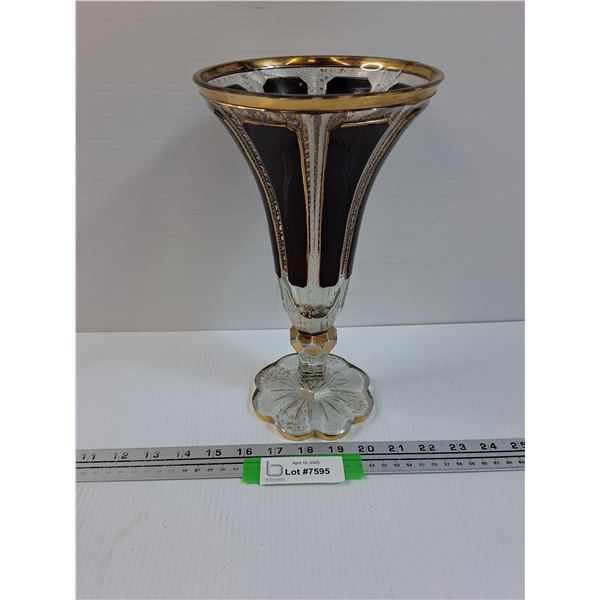 Bohemian Style Red & Gold Clear Glass Vase - 13" Tall - Has Crack as Pictured