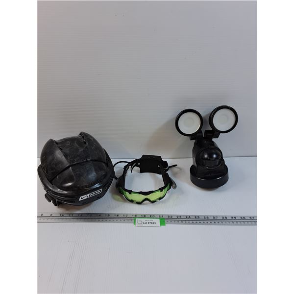 Security Light, Kids Hockey Helmet, Work Light Safety Glasses (As Is)