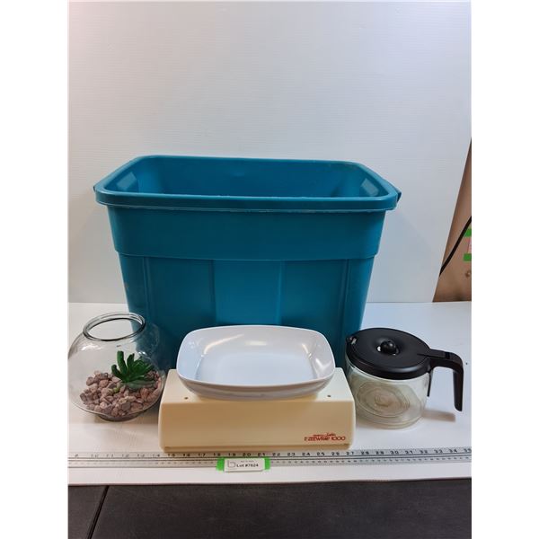 Storage Tote w/Small Glass Fish Tank, EZ Wrap Holder, Coffee Pot, Plastic Serving Bowl