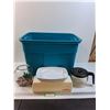 Image 1 : Storage Tote w/Small Glass Fish Tank, EZ Wrap Holder, Coffee Pot, Plastic Serving Bowl