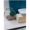 Image 2 : Storage Tote w/Small Glass Fish Tank, EZ Wrap Holder, Coffee Pot, Plastic Serving Bowl