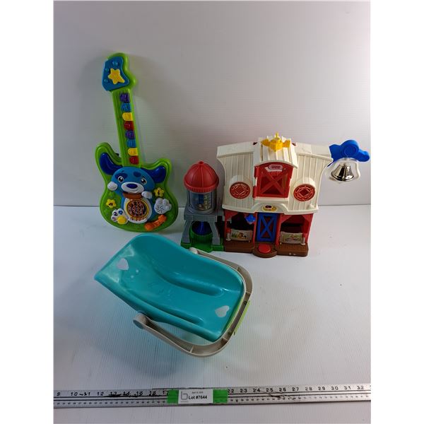 Baby Doll Carrier, Toy Guitar and Fisher Price Barn Toy