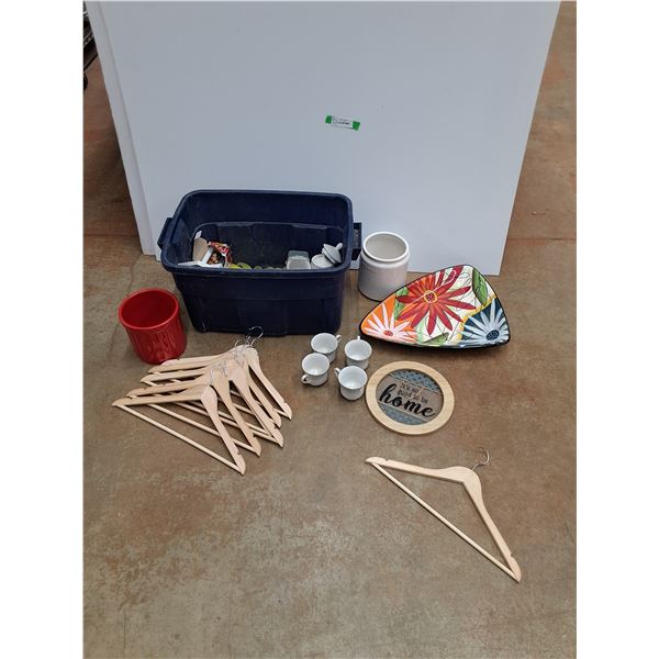 Tea Cups, Hangers, Planters, Ceramic Serving Dish, Plastic Tote and Misc