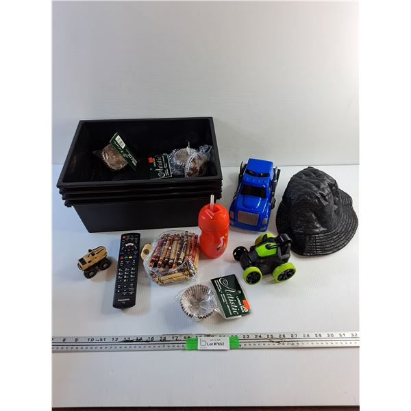 Kids Toys, Water Bottle, Faux Leather Hat, Panasonic TV Remote, Crayons, and Baking Cups