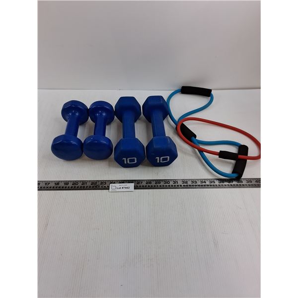 (2) Pairs of Dumb Bells (10lb & 7lb), Stretch Cords