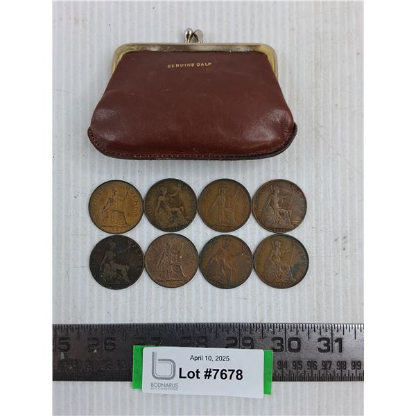 Vintage Calf Hide Change Purse with 8 British Pennies (1904-67)