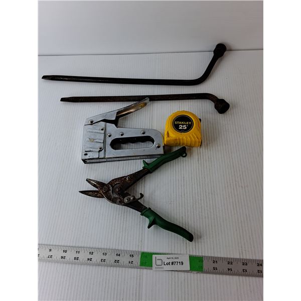 Tools Lot- (2) Lug Wrenches, Measuring Tape, Staple Gun, Shears