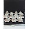 Image 1 : JL Menau Von Henneberg Pink  Grey Floral Pattern Porcelain - (11) Tea Cup & Saucer Set - Made in Ger
