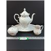 Image 1 : JL Menau Von Henneberg Pink  Grey Floral Pattern Porcelain - Tea Pot, Sugar & Creamer Set, Serving P
