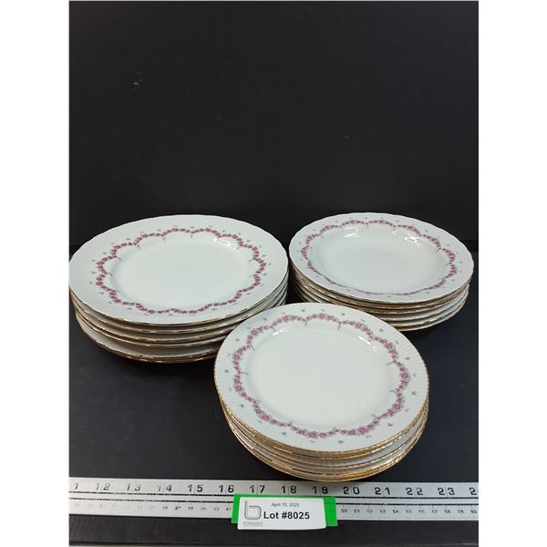 JL Menau Von Henneberg Pink  Grey Floral Pattern Porcelain - (6) of Each: Dinner, Salad, Dessert