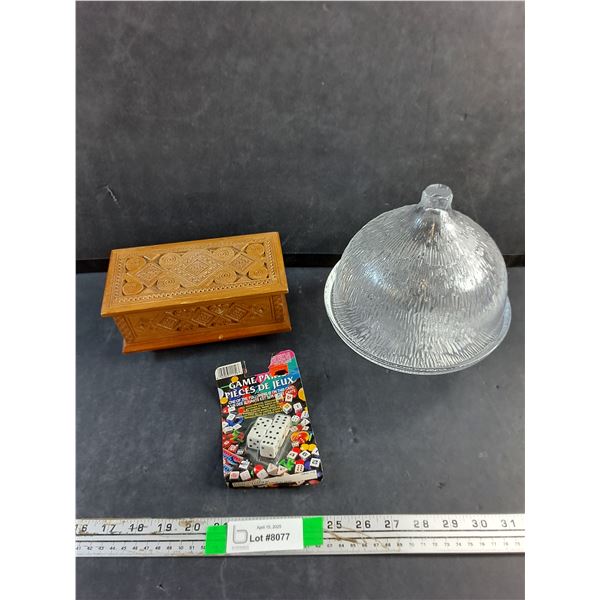 Footed Lidded Dish, Dice and Wooden Jewelry Box