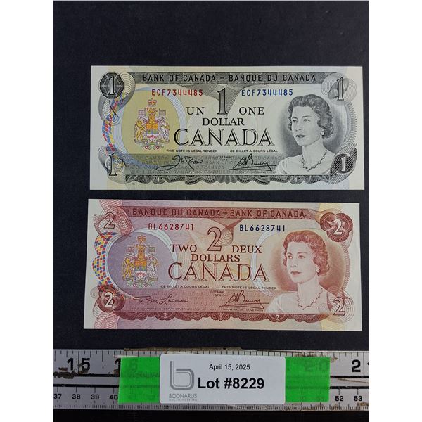 1973 One Canadian Dollar Bill and 1974 2 Canadian Dollars Bill