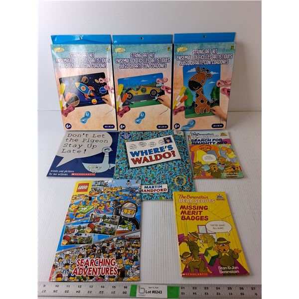 (3) String Art Kits, (5) Books- Berenstain Bears, Waldo, Lego, Misc.